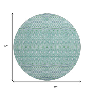 HomeRoots 8' Stylish Aqua and Ivory Tribal Washable Round Rug with UV Protection for Indoor and Outdoor Spaces 657152