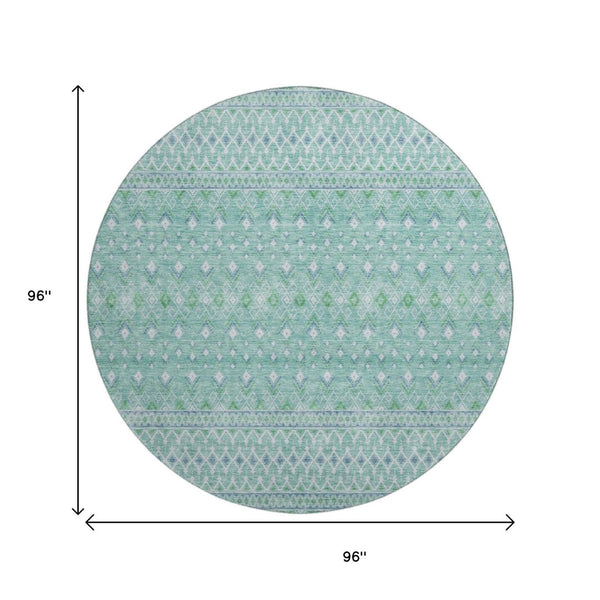 HomeRoots 8' Stylish Aqua and Ivory Tribal Washable Round Rug with UV Protection for Indoor and Outdoor Spaces 657152