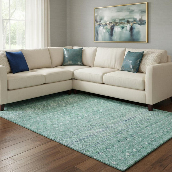 HomeRoots 8' X 10' Aqua and Ivory Tribal Area Rug - Washable, UV-Protected, Durable for Kids & Pets! 657153
