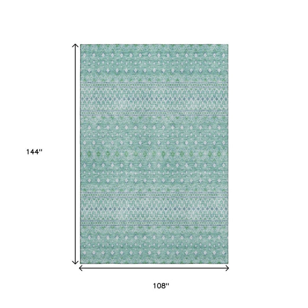 HomeRoots 9' X 12' Aqua Tribal Area Rug - Stylish, Washable, UV-Protected, Stain-Resistant, Durable Design! 657154