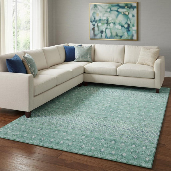 HomeRoots 9' X 12' Aqua Tribal Area Rug - Stylish, Washable, UV-Protected, Stain-Resistant, Durable Design! 657154