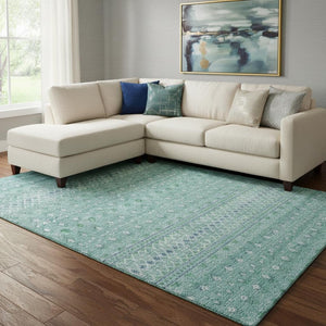 HomeRoots 10' Aqua and Ivory Tribal Area Rug - Washable, UV Protected, Durable for Homes with Kids & Pets 657155