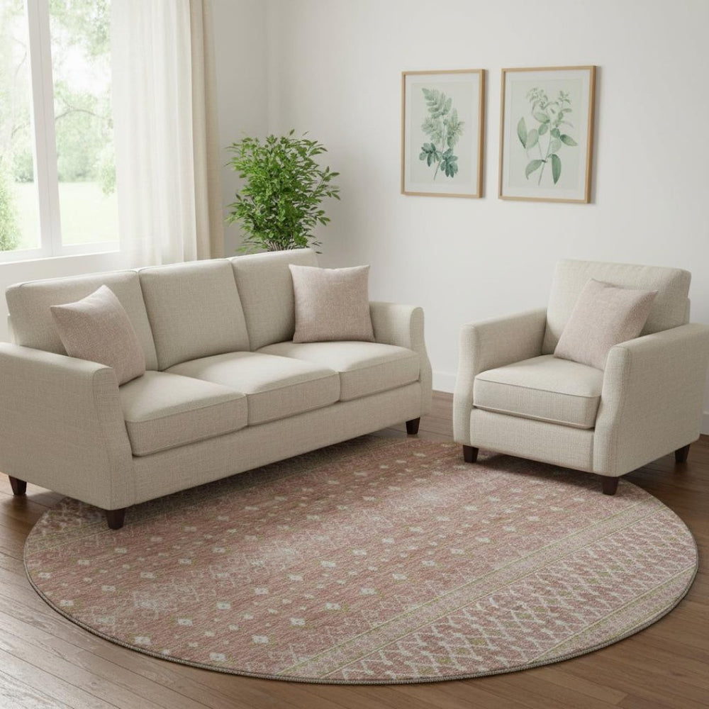 HomeRoots 8' Blush and Ivory Tribal Round Rug – Durable, Washable, UV-Protected for Modern Homes & Families 657158