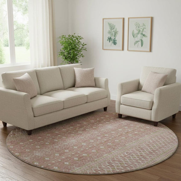 HomeRoots 8' Blush and Ivory Tribal Round Rug – Durable, Washable, UV-Protected for Modern Homes & Families 657158