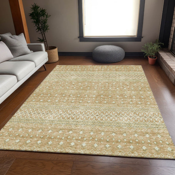 HomeRoots 9' X 12' Copper Tribal Area Rug - Washable, UV-Protected, Durable for Homes with Kids & Pets 657166