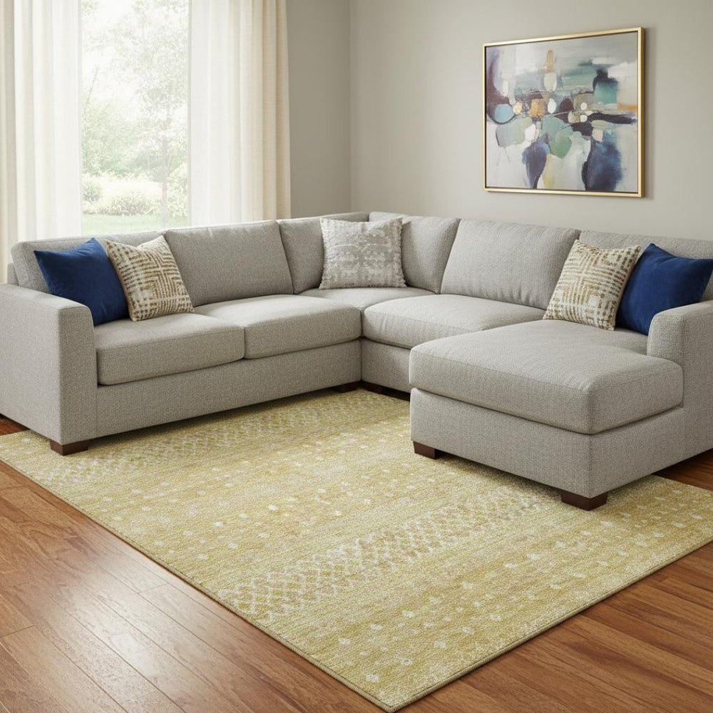 HomeRoots 8' X 10' Gold and Ivory Tribal Area Rug - Washable, UV Protected, Durable, Perfect for Homes with Kids! 657171