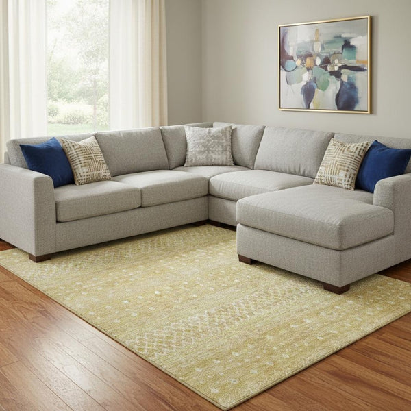 HomeRoots 8' X 10' Gold and Ivory Tribal Area Rug - Washable, UV Protected, Durable, Perfect for Homes with Kids! 657171