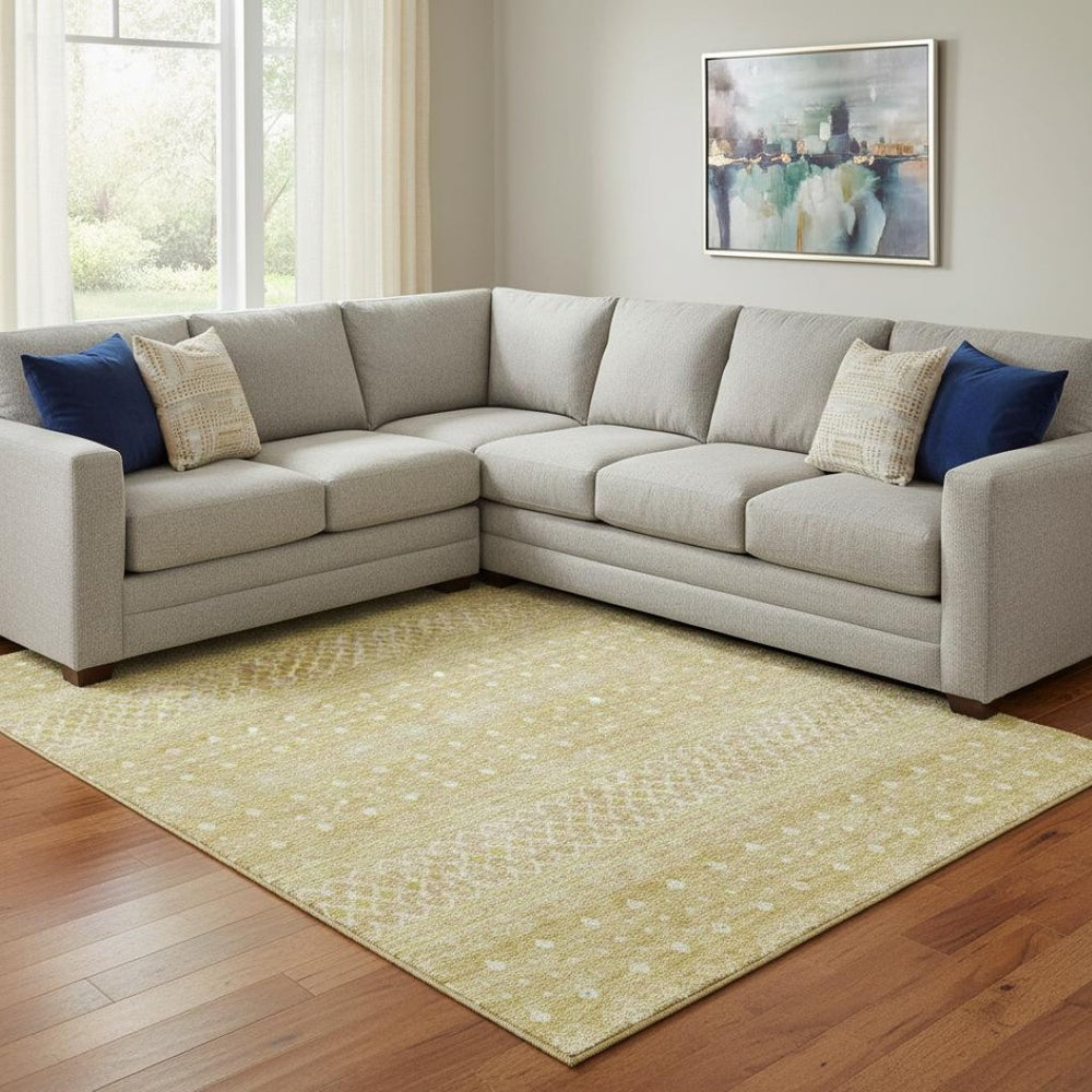 HomeRoots 9' X 12' Gold and Ivory Tribal Area Rug - Stylish, Washable, UV-Protected, Perfect for Families! 657172