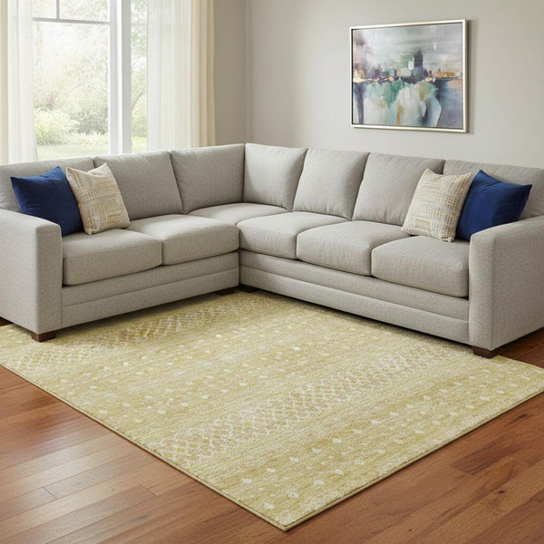 HomeRoots 9' X 12' Gold and Ivory Tribal Area Rug - Stylish, Washable, UV-Protected, Perfect for Families! 657172