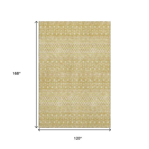HomeRoots 10' Gold and Ivory Tribal Washable Area Rug - Stylish, Durable, UV-Protected for Large Spaces 657173