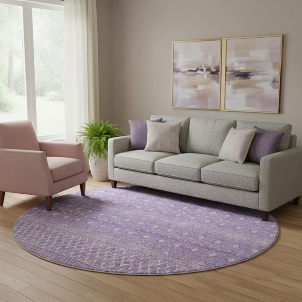 HomeRoots 8' Stylish Lavender and Ivory Tribal Round Rug with UV Protection – Durable, Washable, and Chic! 657176
