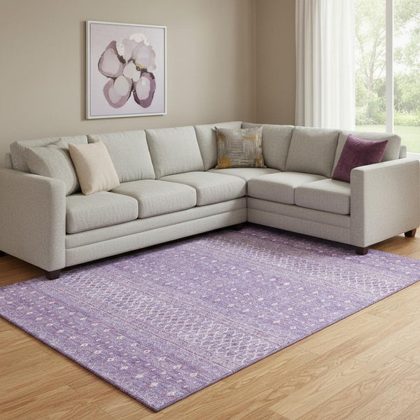 HomeRoots 9' X 12' Stylish Lavender & Ivory Tribal Washable Area Rug with UV Protection for Active Homes 657178