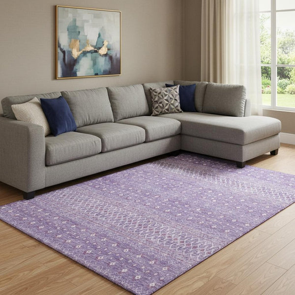 HomeRoots 10' X 14' Stylish Lavender & Ivory Tribal Area Rug – Washable, UV Protected, Perfect for Homes with Kids! 657179
