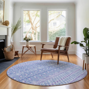 HomeRoots 8' Sky Blue Tribal Round Rug - Washable, UV Protected, Stain-Resistant for Indoor & Outdoor Use 657182