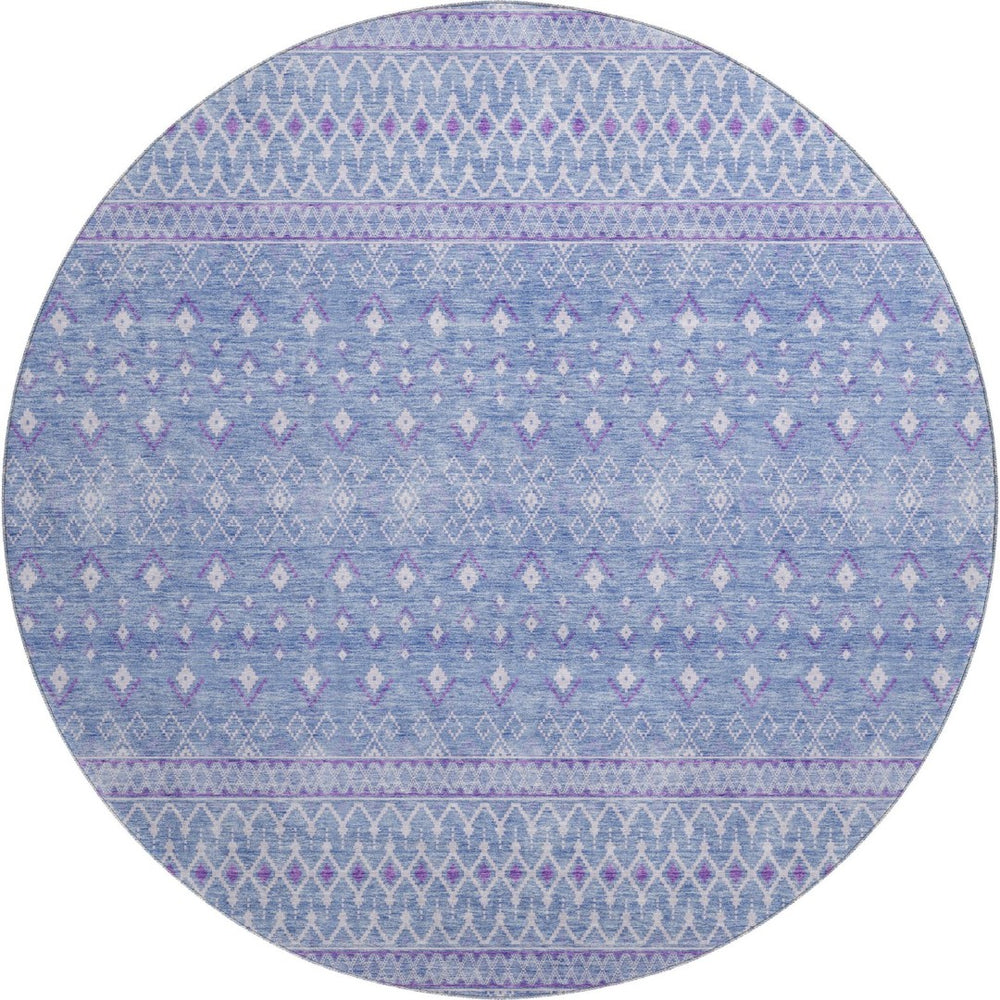 HomeRoots 8' Sky Blue Tribal Round Rug - Washable, UV Protected, Stain-Resistant for Indoor & Outdoor Use 657182