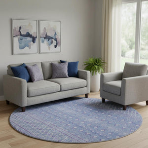HomeRoots 8' Sky Blue Tribal Round Rug - Washable, UV Protected, Stain-Resistant for Indoor & Outdoor Use 657182