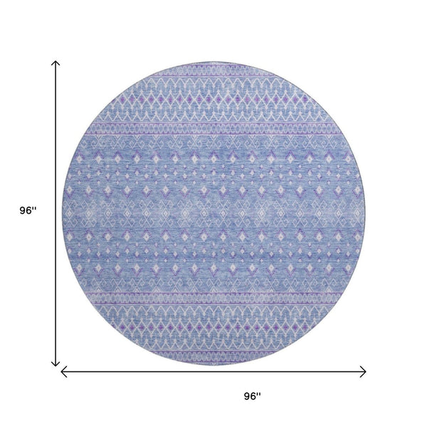 HomeRoots 8' Sky Blue Tribal Round Rug - Washable, UV Protected, Stain-Resistant for Indoor & Outdoor Use 657182