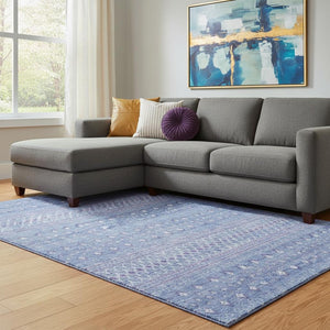 HomeRoots 9' X 12' Sky Blue & Ivory Tribal Area Rug - Washable, UV-Protected, Stain-Resistant Stylish Design 657184