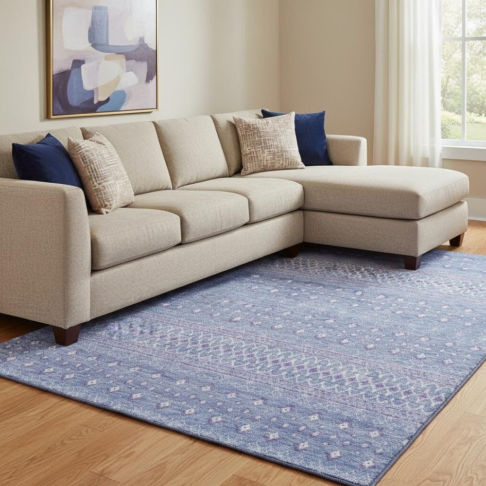 HomeRoots 10' Sky Blue & Ivory Tribal Washable Area Rug - Durable, UV-Protected, Perfect for Kids & Pets! 657185