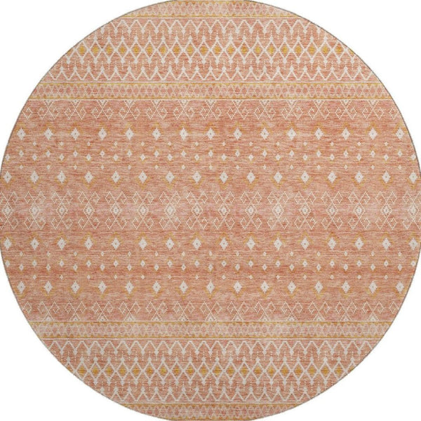 HomeRoots 8' Salmon and Ivory Tribal Round Rug – Soft, Durable, Washable with UV Protection for Every Home 657188