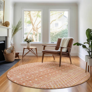 HomeRoots 8' Salmon and Ivory Tribal Round Rug – Soft, Durable, Washable with UV Protection for Every Home 657188