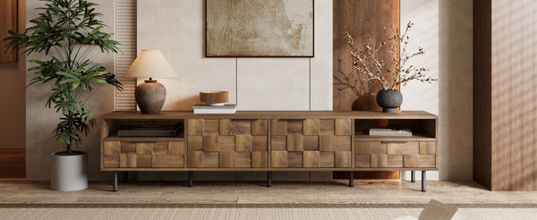 English Elm Mid Century Modern Tv Stand 79 Inch Wood Tone Console with Drawers for Living Room N710P401530P