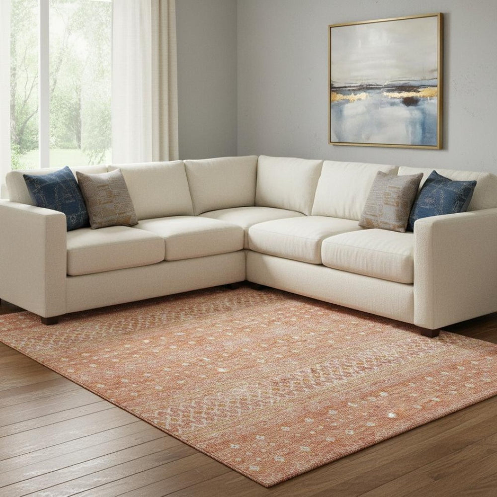 HomeRoots 10' Salmon and Ivory Tribal Area Rug - Washable, UV Protected, Durable Polyester for Busy Homes 657191