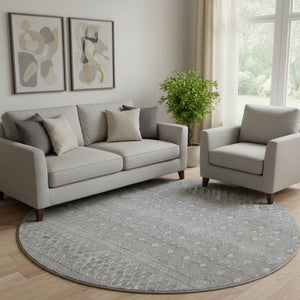 HomeRoots 8' Stylish Washable Round Tribal Rug in Silver & Gray with UV Protection for Indoor & Outdoor Use 657194