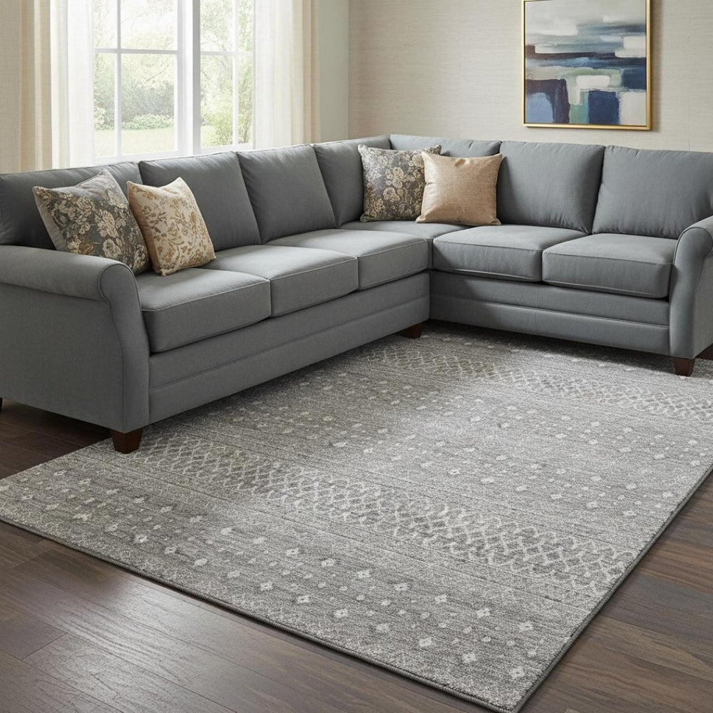 HomeRoots 8' X 10' Stylish Silver & Gray Tribal Area Rug – Washable, UV Protected, Stain Resistant for Homes 657195