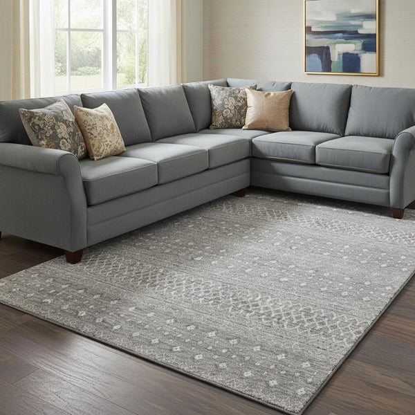 HomeRoots 8' X 10' Stylish Silver & Gray Tribal Area Rug – Washable, UV Protected, Stain Resistant for Homes 657195