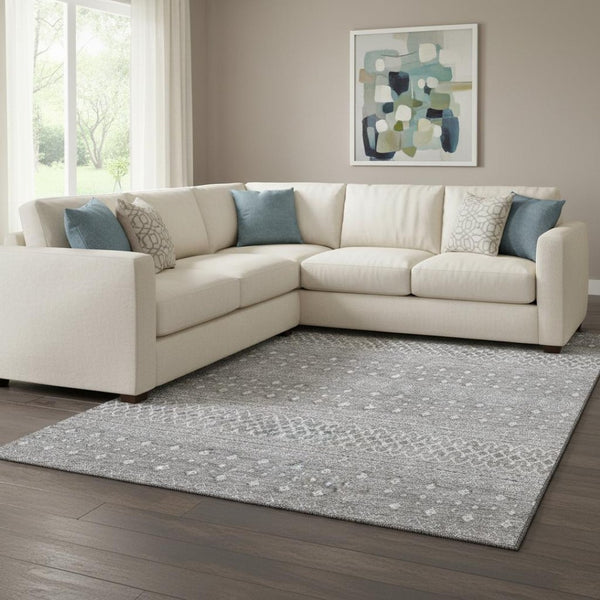 HomeRoots 9' X 12' Stylish Silver and Gray Tribal Washable Area Rug with UV Protection for Busy Homes 657196