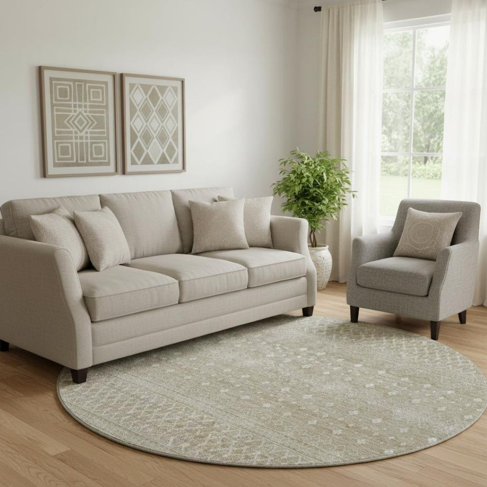 HomeRoots 8' Taupe and Ivory Tribal Round Rug - Stylish, Washable, UV-Protected for High-Traffic Spaces! 657200