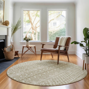 HomeRoots 8' Taupe and Ivory Tribal Round Rug - Stylish, Washable, UV-Protected for High-Traffic Spaces! 657200