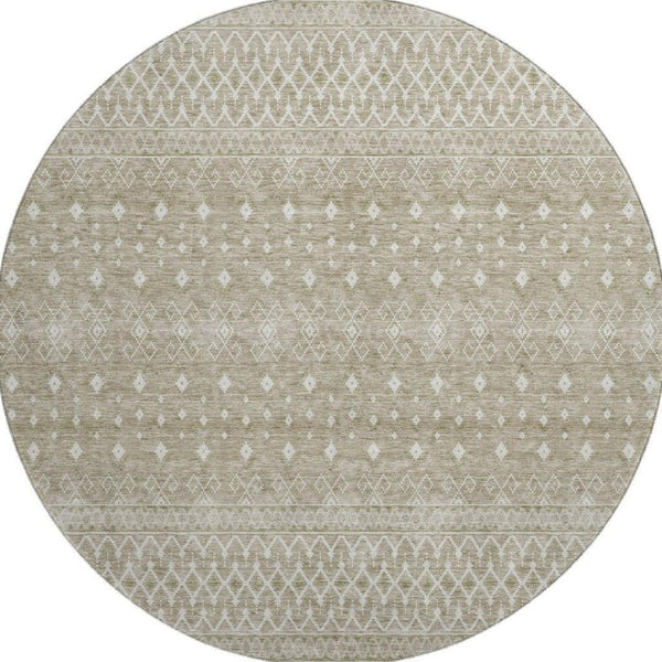 HomeRoots 8' Taupe and Ivory Tribal Round Rug - Stylish, Washable, UV-Protected for High-Traffic Spaces! 657200