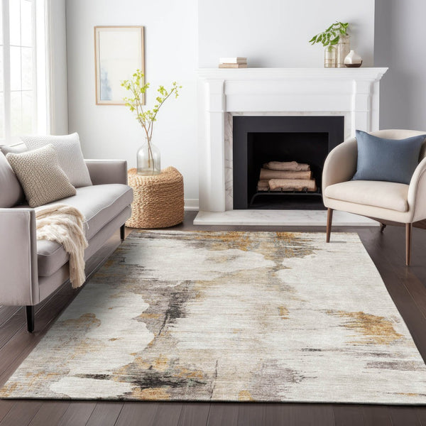 HomeRoots 5' Abstract Beige, Gray & Ivory Washable Area Rug - Durable, Stain Resistant & UV Protected Design 657205