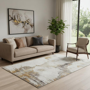 HomeRoots 5' Abstract Beige, Gray & Ivory Washable Area Rug - Durable, Stain Resistant & UV Protected Design 657205