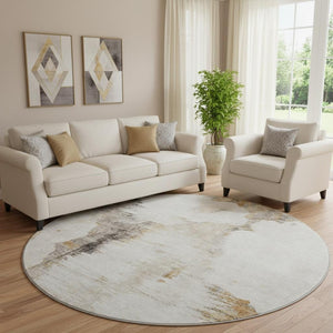 HomeRoots 8' Beige Gray Ivory Abstract Washable Round Rug - Stylish, Durable, UV-Protected for Any Space 657206