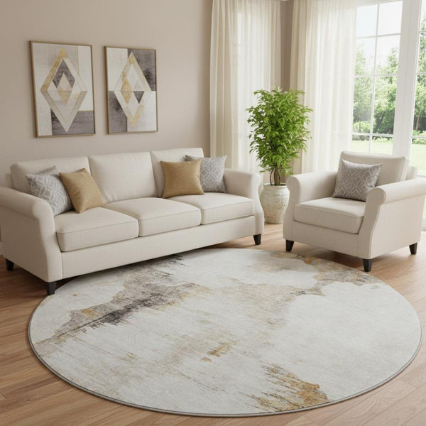 HomeRoots 8' Beige Gray Ivory Abstract Washable Round Rug - Stylish, Durable, UV-Protected for Any Space 657206