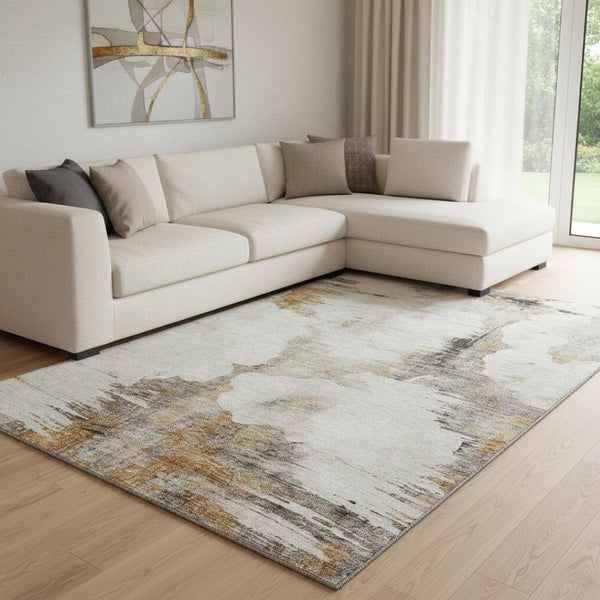 HomeRoots 8' X 10' Abstract Beige Gray Ivory Washable Area Rug - Durable, UV-Protected, Modern Design for Homes 657207