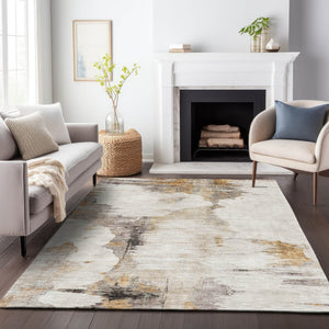 HomeRoots 9' X 12' Beige Gray Ivory Abstract Washable Area Rug - Durable, Stain Resistant, UV Protected Design 657208