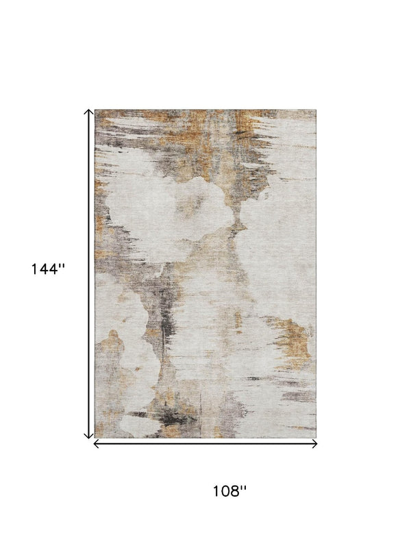 HomeRoots 9' X 12' Beige Gray Ivory Abstract Washable Area Rug - Durable, Stain Resistant, UV Protected Design 657208