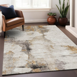 HomeRoots 9' X 12' Beige Gray Ivory Abstract Washable Area Rug - Durable, Stain Resistant, UV Protected Design 657208