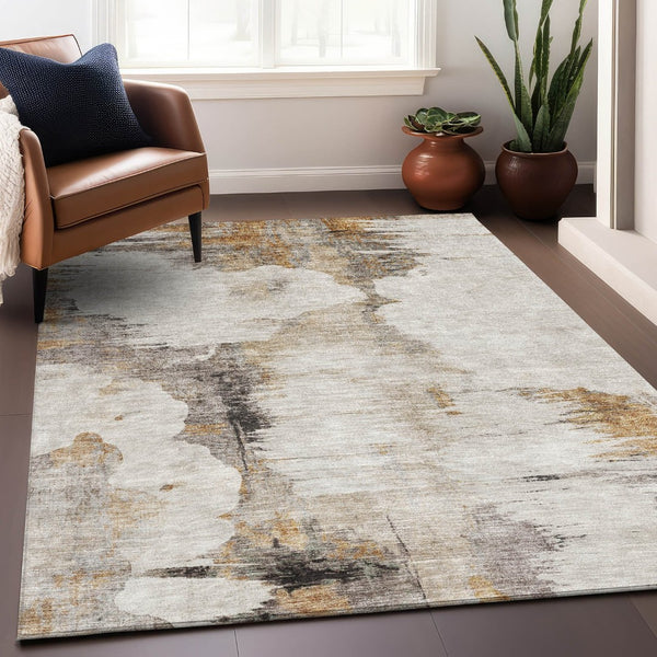 HomeRoots 9' X 12' Beige Gray Ivory Abstract Washable Area Rug - Durable, Stain Resistant, UV Protected Design 657208