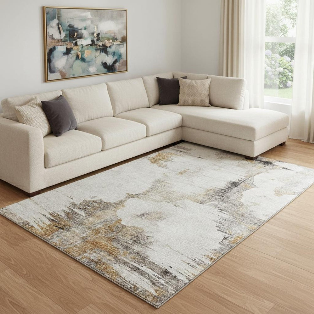 HomeRoots 9' X 12' Beige Gray Ivory Abstract Washable Area Rug - Durable, Stain Resistant, UV Protected Design 657208