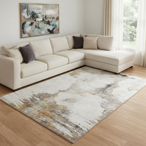 HomeRoots 9' X 12' Beige Gray Ivory Abstract Washable Area Rug - Durable, Stain Resistant, UV Protected Design 657208