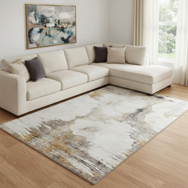 HomeRoots 9' X 12' Beige Gray Ivory Abstract Washable Area Rug - Durable, Stain Resistant, UV Protected Design 657208