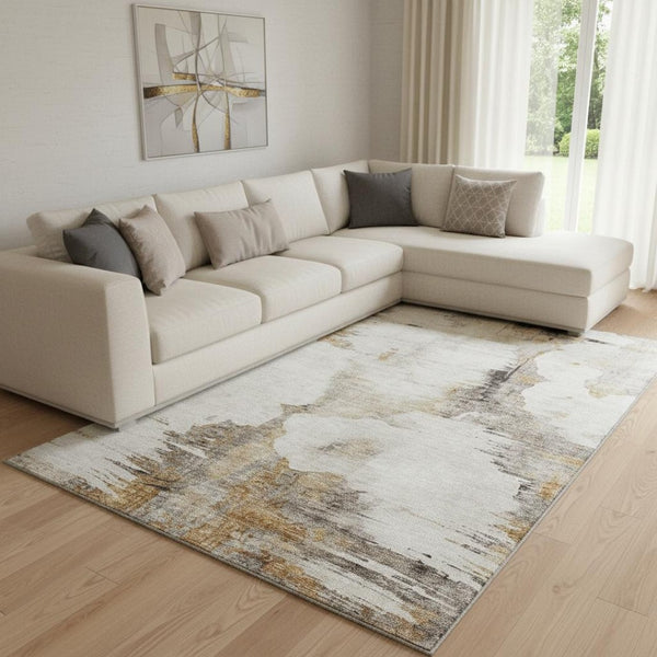 HomeRoots 10' X 14' Washable Area Rug in Beige, Gray & Ivory - Modern Abstract Design with UV Protection! 657209