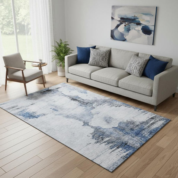 HomeRoots 5' Stylish Blue Gray & Ivory Abstract Washable Area Rug with UV Protection for High-Traffic Spaces 657211