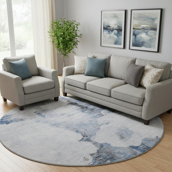 HomeRoots 8' Blue Gray and Ivory Abstract Area Rug - Washable, UV Protected, Durable, Non-Slip Design for Home 657212