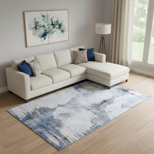 HomeRoots 8' X 10' Washable Blue Gray & Ivory Abstract Area Rug with Stain Resistance & UV Protection Features 657213